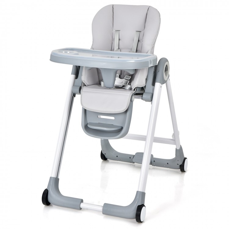 Gray baby folding high chair with adjustable height, removable cushion, and wheels for easy movement and storage.