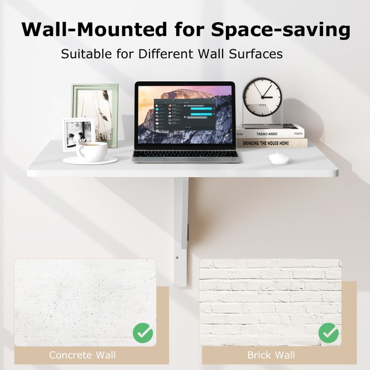 Wall-mounted drop-leaf table in sleek white finish, perfect for small spaces, folds flat for convenient storage.
