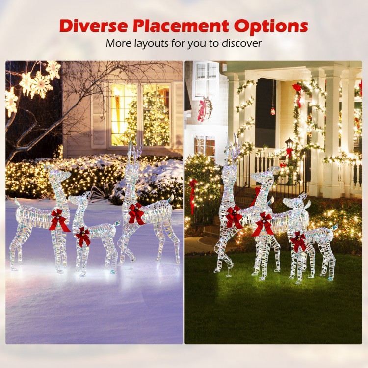 Lighted Christmas reindeer family set with 230 LED lights, featuring a 5 ft buck, 4 ft doe, and 3 ft fawn for outdoor.