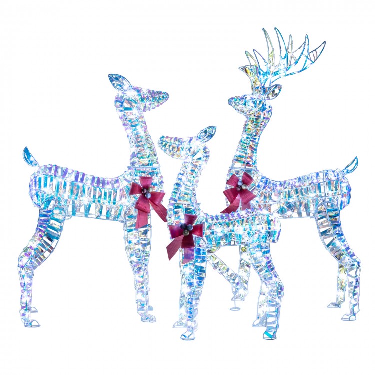 Lighted Christmas reindeer family set with 230 LED lights, featuring a 5 ft buck, 4 ft doe, and 3 ft fawn for festive.