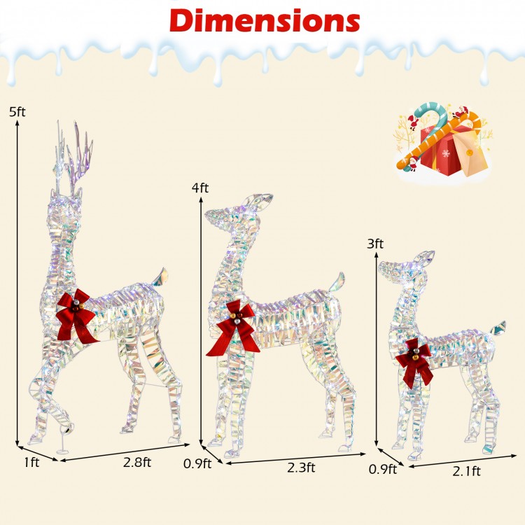 Three-piece lighted Christmas reindeer family with bows, featuring 5 ft buck, 4 ft doe, and 3 ft fawn for festive decor.
