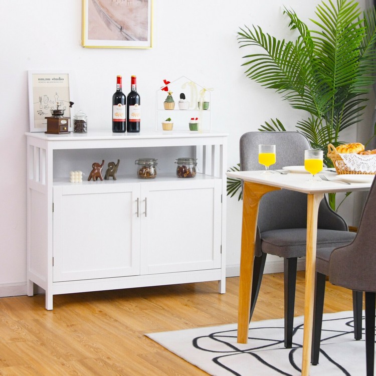 White kitchen buffet server sideboard with 2 doors, adjustable shelf, and spacious countertop for dining room storage.