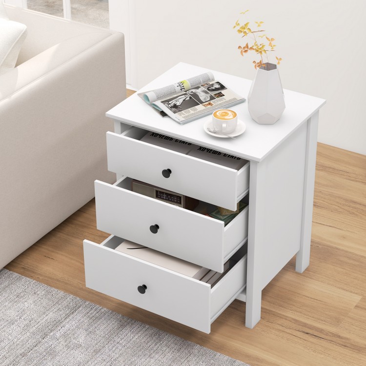 White 3-drawer wooden nightstand with smooth metal slides and easy-to-grip knobs, ideal for bedroom or living room use.