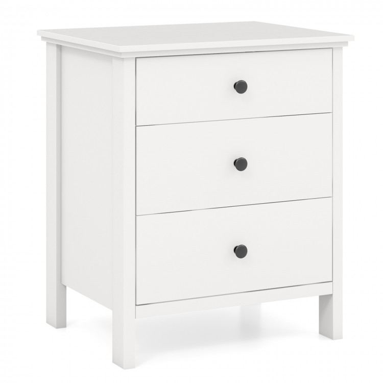 White 3-drawer wooden nightstand with smooth metal slides and easy-grip knobs, perfect for bedroom or living room use.