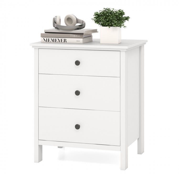 White 3-drawer wooden nightstand with smooth metal slides and easy-grip knobs, ideal for bedroom or living room use.