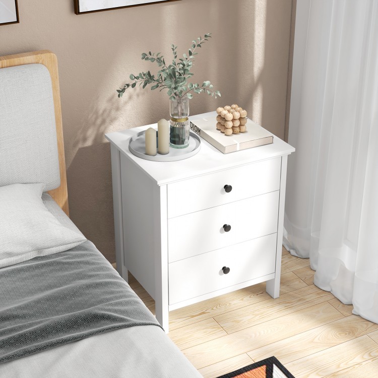 White 3-drawer wooden nightstand with smooth metal slides and easy-to-grip knobs, perfect for bedroom organization.