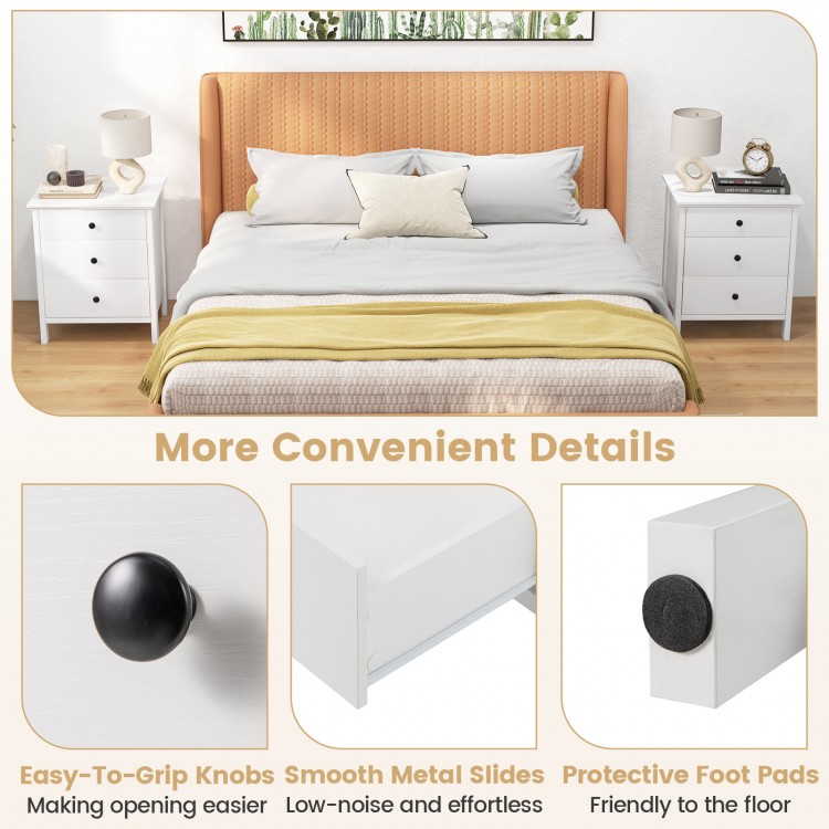 3-drawer wooden nightstand in white with easy-to-grip knobs and protective foot pads, ideal for bedroom or living room.