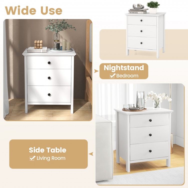 Three-drawer white wooden nightstand with smooth metal slides, ideal for bedroom or living room use.