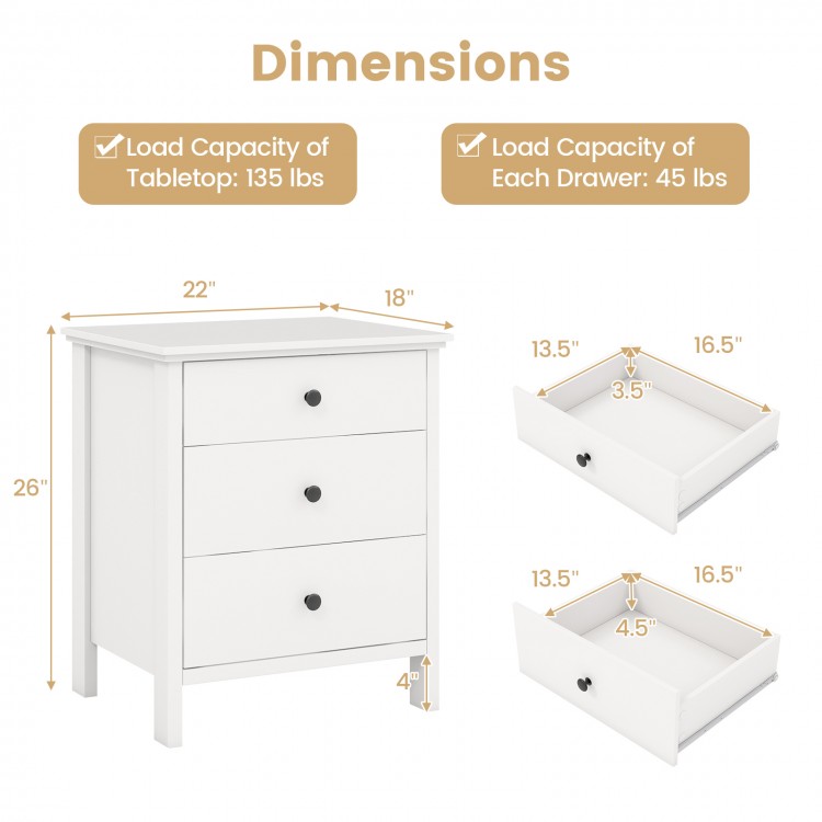 3-drawer white wooden nightstand with dimensions, showcasing smooth metal slides and easy-to-grip knobs for versatile.