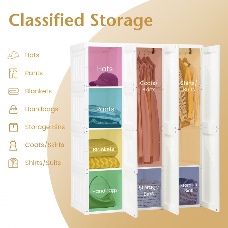 Foldable closet organizer with 8 cubby storage, featuring magnet doors, ideal for clothing and bedding in compact.