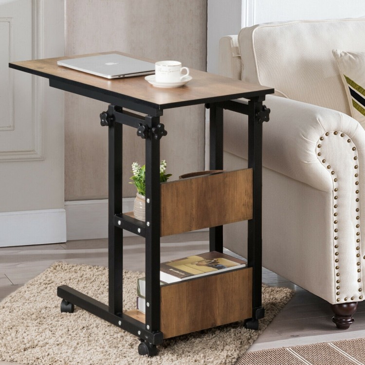 C-Shape mobile snack end table with storage shelves, durable particle board and metal frame, ideal for living room use.
