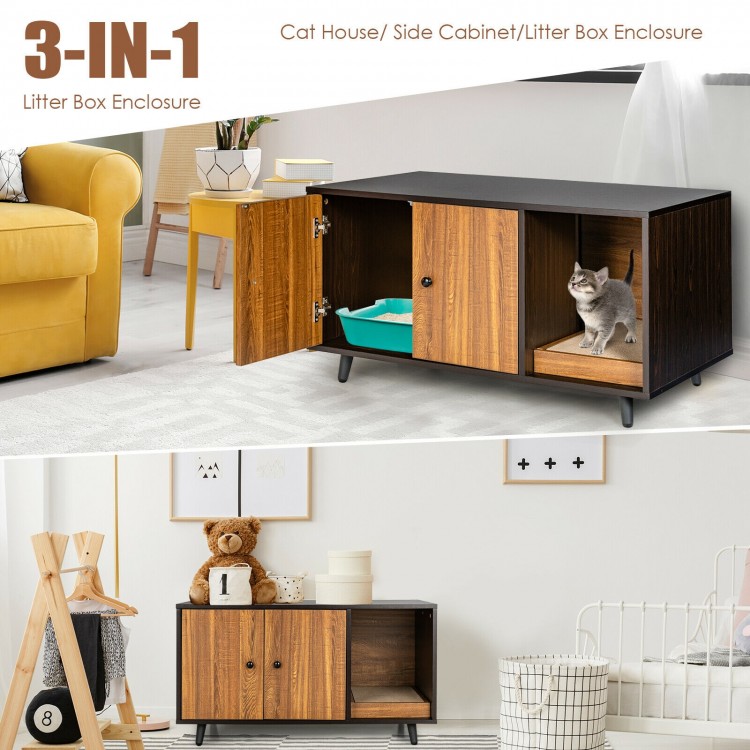Modern 3-in-1 cat litter box enclosure in brown, featuring double doors and a scratching pad for added fun.