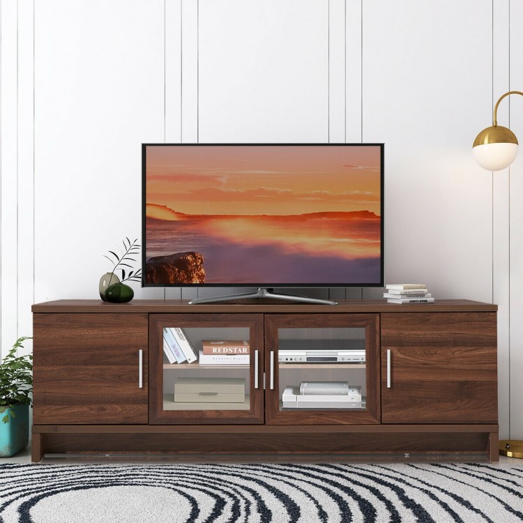 Walnut media entertainment TV stand showcasing a sleek design with three cabinets and a spacious top for large TVs.