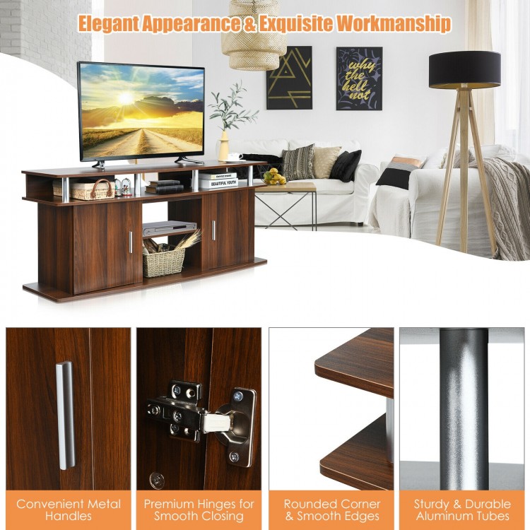 Walnut 63-inch TV entertainment console with 2 cabinets, open shelves, and sturdy aluminum tubes for versatile storage.