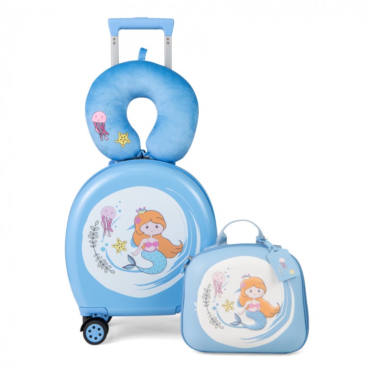 Cozy blue neck pillow and colorful luggage tag complement the 14" hardside spinner suitcase and 10" backpack for travel.