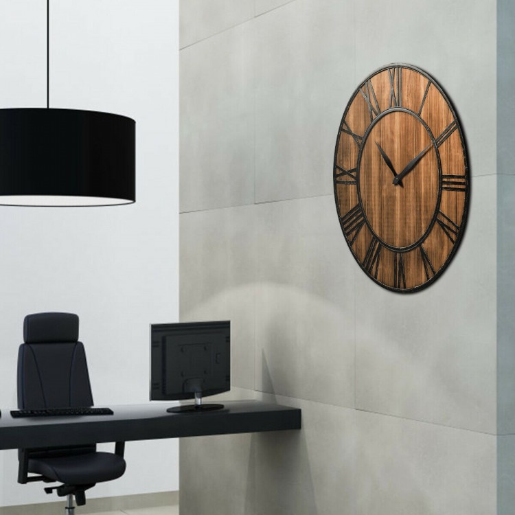 27-inch round wall clock with rustic wood design and metal Roman numerals, ideal for office or coffee bar decoration.