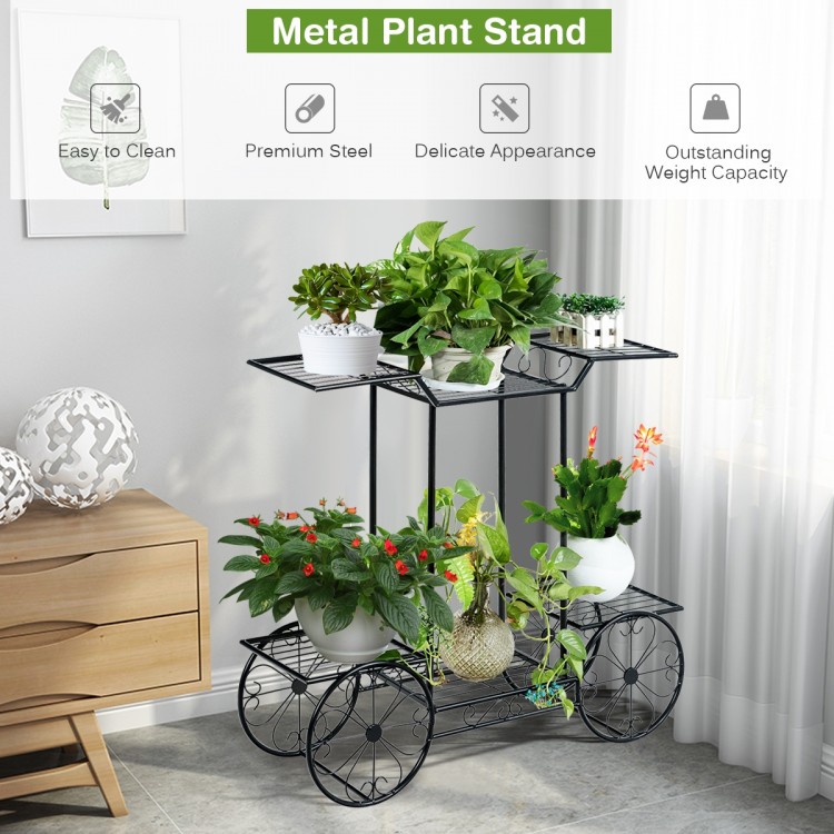 6-tier metal plant stand in garden cart shape, ideal for indoor and outdoor plant display and storage.