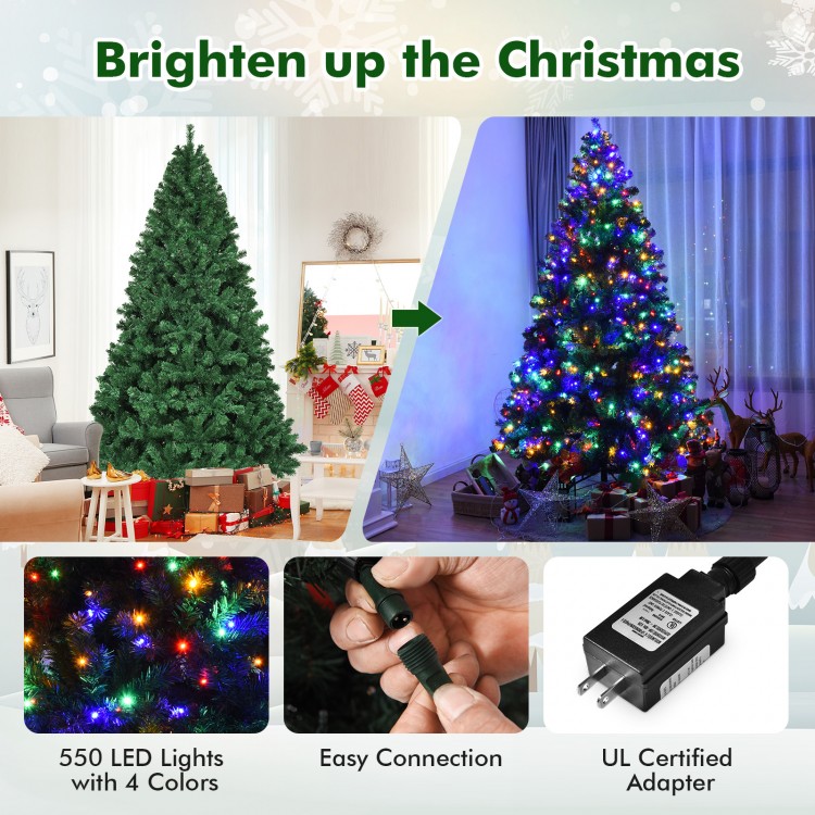 7.5 feet pre-lit artificial spruce Christmas tree with 550 multicolor LED lights, perfect for festive indoor decoration.