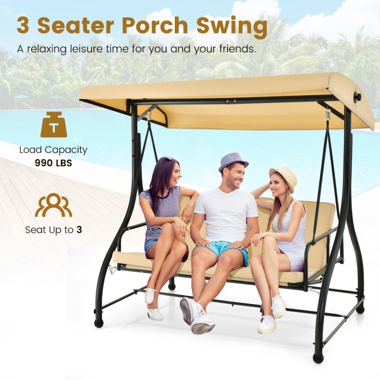 3 seater outdoor porch swing with adjustable beige canopy, perfect for relaxing on patios or porches with friends.