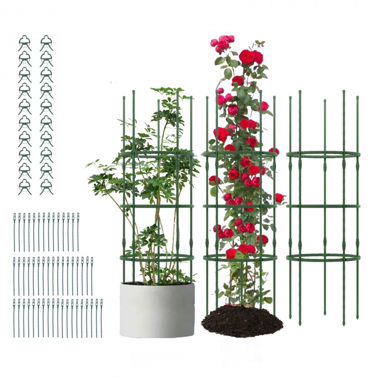 60-inch adjustable plant support trellis set for climbing plants, includes zip ties and tomato clips for secure support.