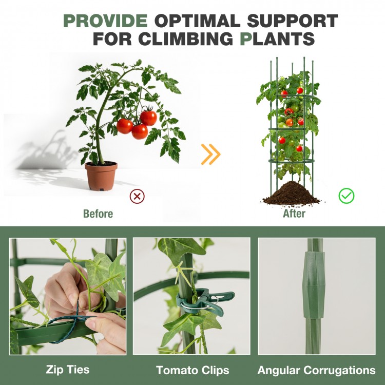 60-inch adjustable plant support trellis with tomato clips and zip ties, ideal for climbing plants in gardens and pots.
