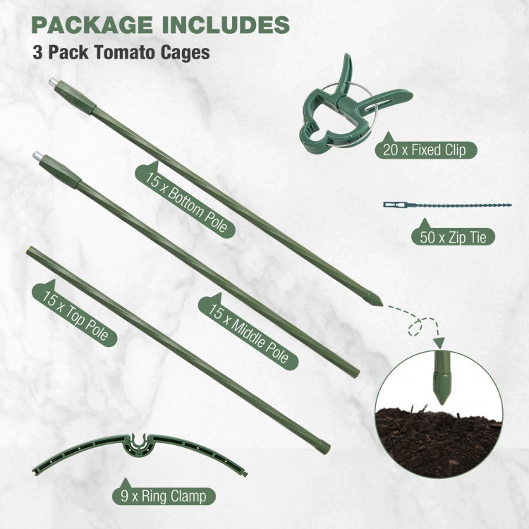 Adjustable 60-inch tomato cage set includes poles, clips, zip ties, and clamps for optimal plant support in gardens.