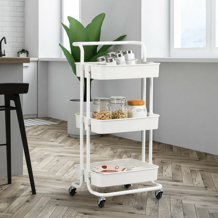 3-tier white utility cart with casters, featuring ABS baskets for versatile storage in kitchens or small spaces.