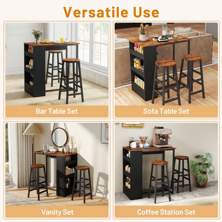 3-piece bar table set with storage, featuring a sturdy design and smooth wood surface, ideal for kitchen or living room.
