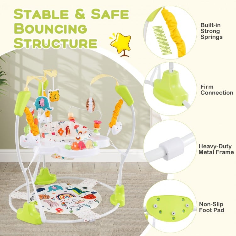 Baby activity center featuring a height-adjustable bouncing saucer, interactive toys, and a stable metal frame in.