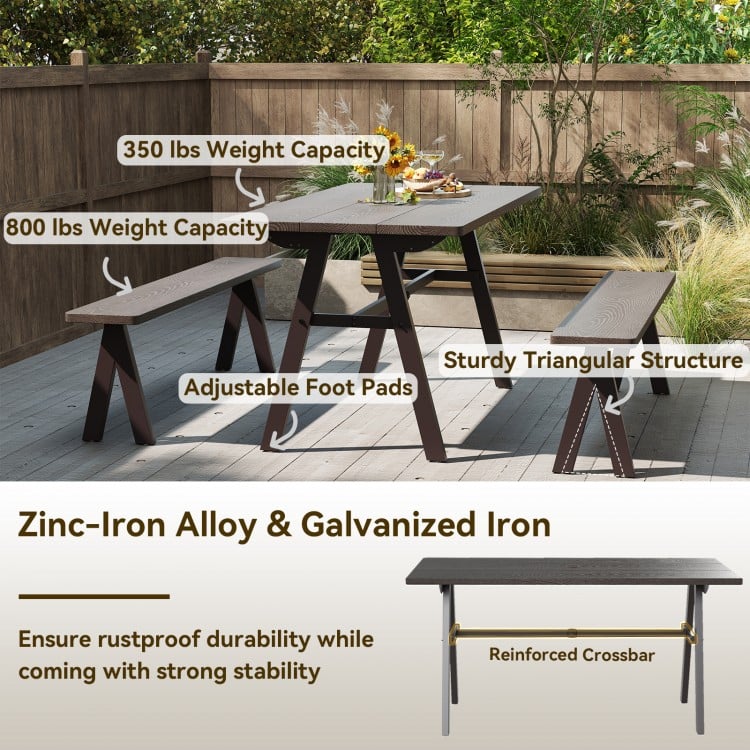 3-piece outdoor picnic table and benches set with wood-like surface, adjustable foot pads, and rustproof zinc-iron.