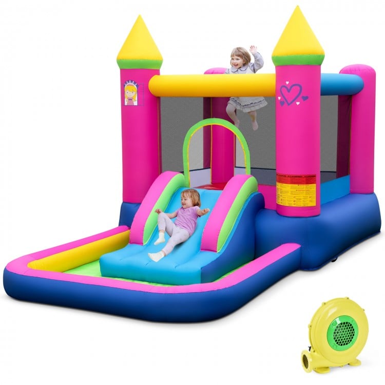 Princess-themed inflatable bounce house with slide, basketball hoop, and ball pit for kids' outdoor fun and.