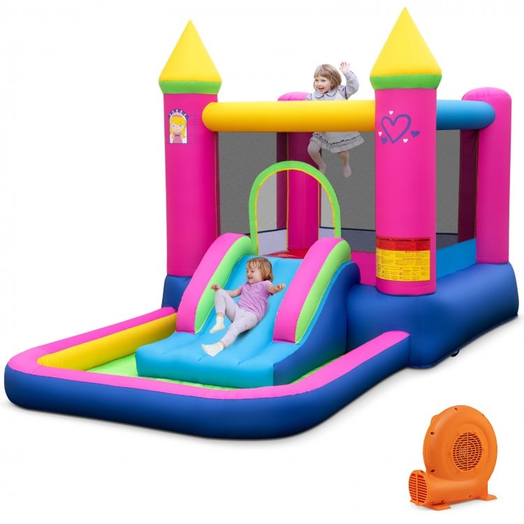 Inflatable bounce house with slide and ball pit in cute princess design, made of durable oxford fabric for kids' fun.