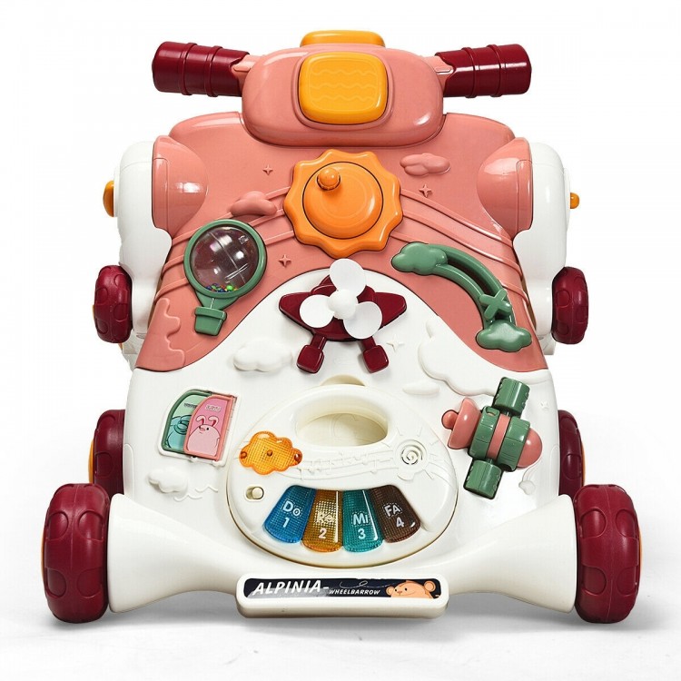 3-in-1 baby sit-to-stand walker in pink with music, lights, and interactive features for early learning and play.