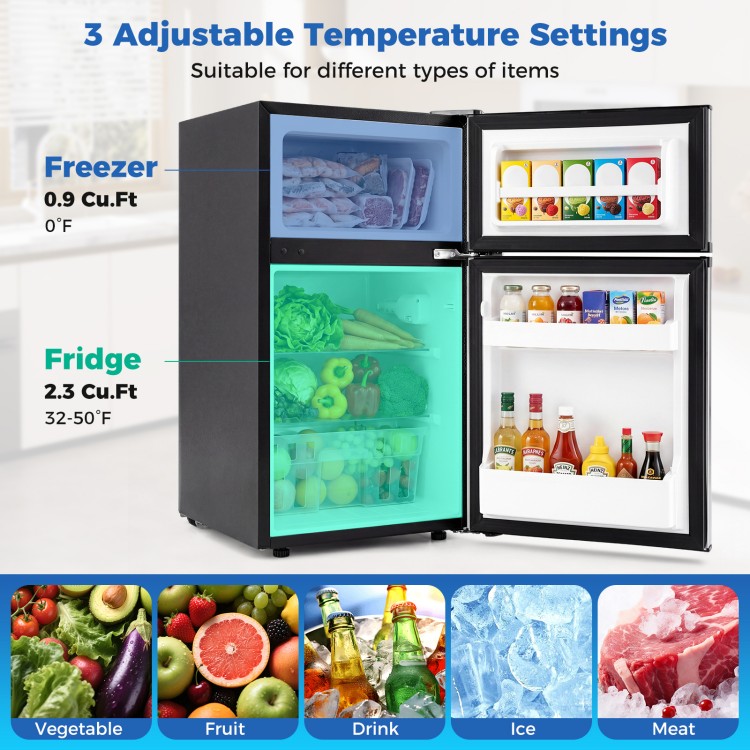 Mini fridge with freezer, 3.2 cu.ft, adjustable thermostat, ideal for dorms and small spaces, featuring organized.