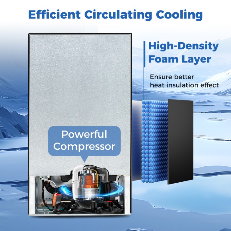 Mini fridge with freezer showcasing powerful compressor and high-density foam layer for efficient cooling and.