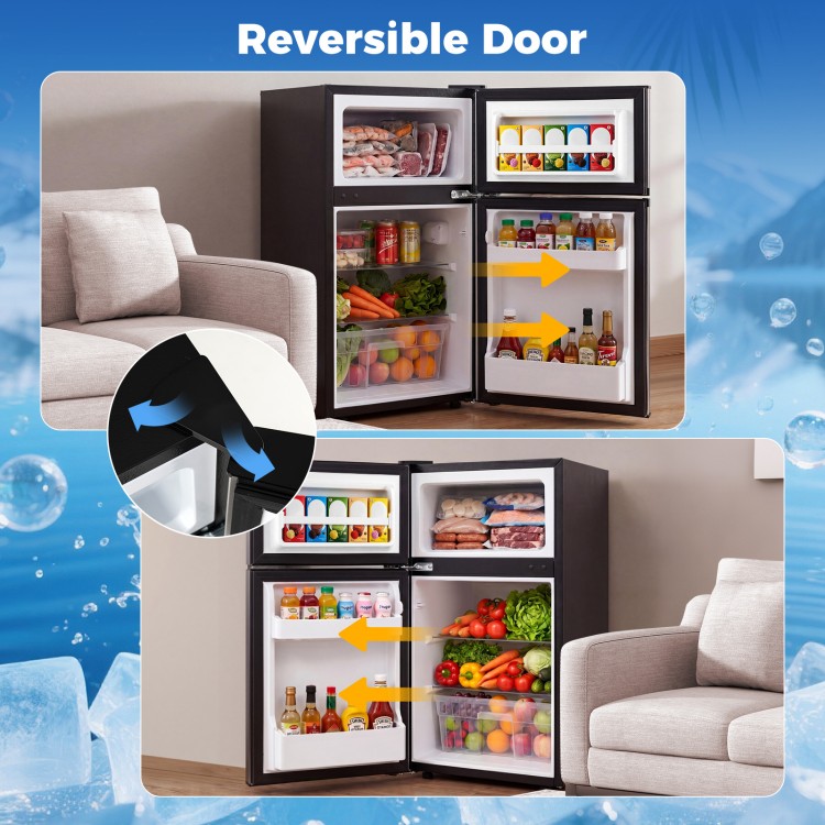 Mini fridge with reversible door showcasing freezer and fridge compartments, ideal for small spaces like dorms and.