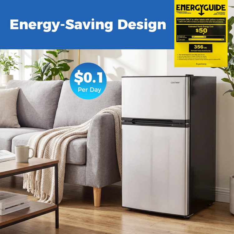 3.2 Cu.Ft mini fridge with freezer in silver, featuring adjustable thermostat and energy-saving design for compact.