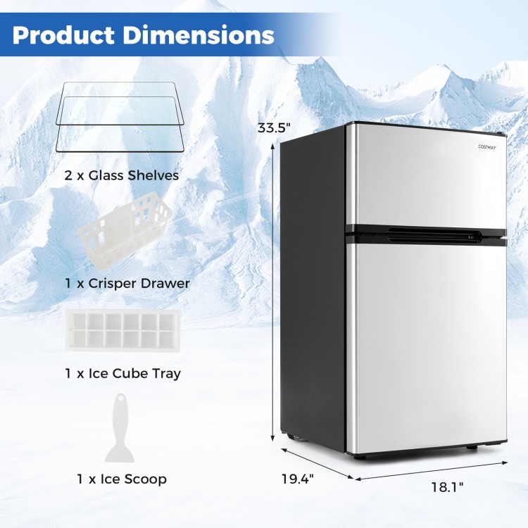 3.2 Cu.Ft mini fridge with freezer, silver finish, featuring adjustable thermostat and removable glass shelves for.