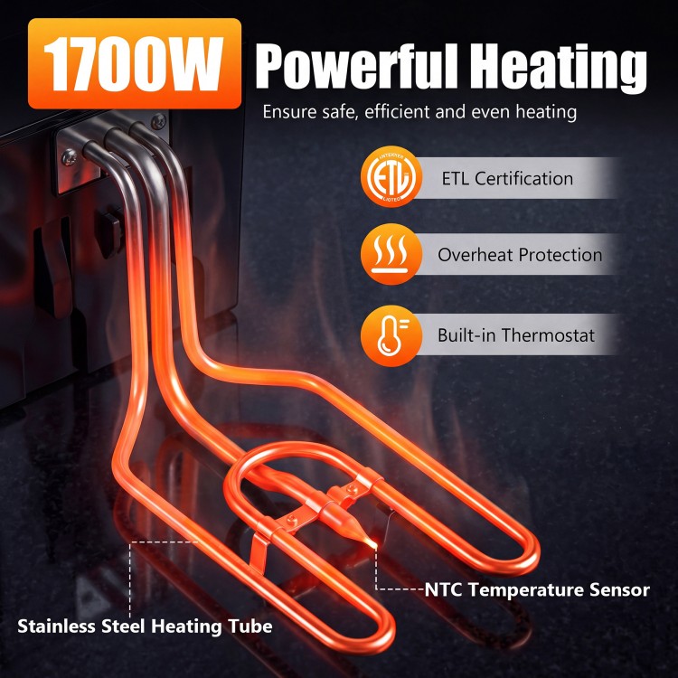 Close-up of the 1700W stainless steel heating tube for the 3.2-Qt electric deep fryer with built-in thermostat.