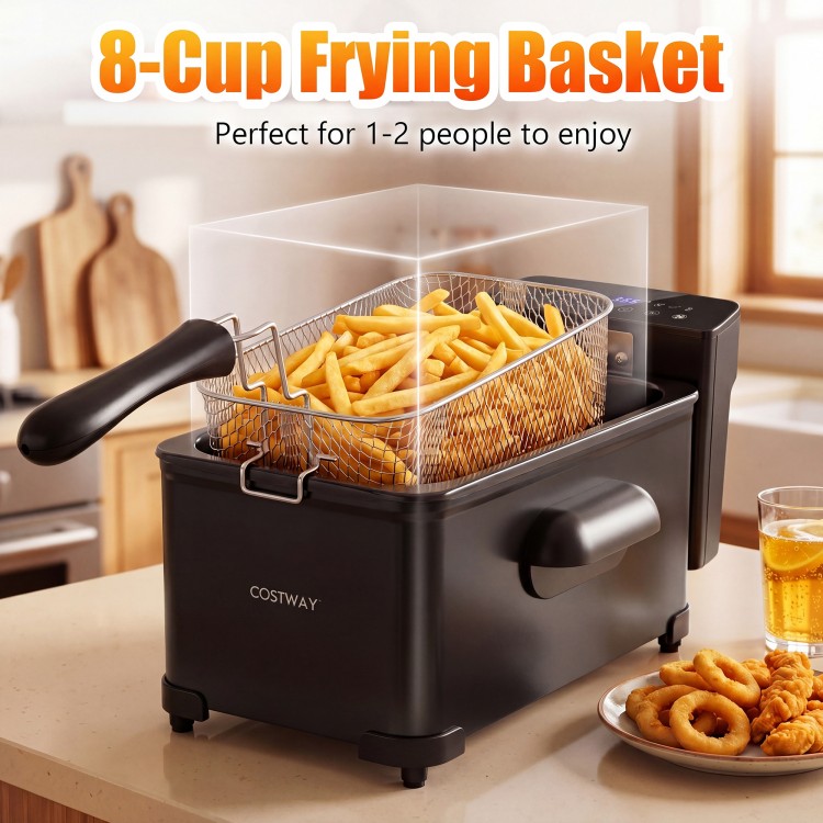 3.2-Qt electric deep fryer with 8-cup frying basket and LED touch screen, perfect for quick and easy frying.