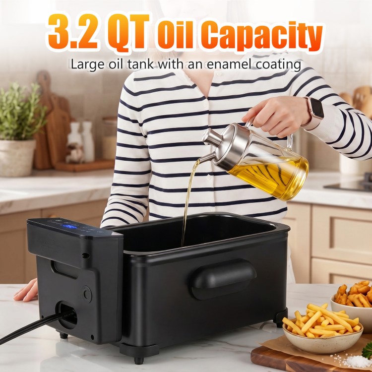 3.2 QT electric deep fryer with enamel oil tank, LED touch screen, and a clear viewing window for easy monitoring.
