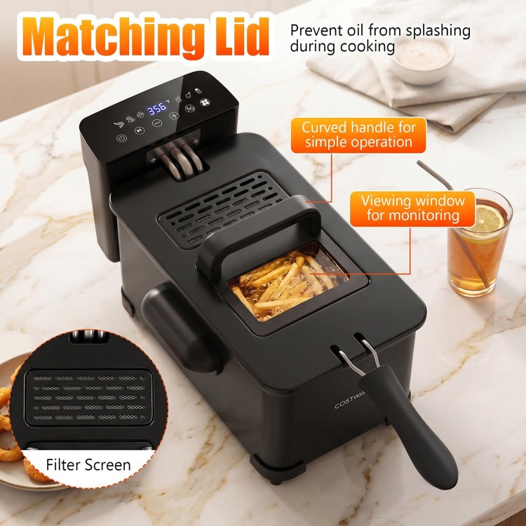 3.2-Qt electric deep fryer in black with LED touch screen, viewing window, and cool-touch handle for safe cooking.