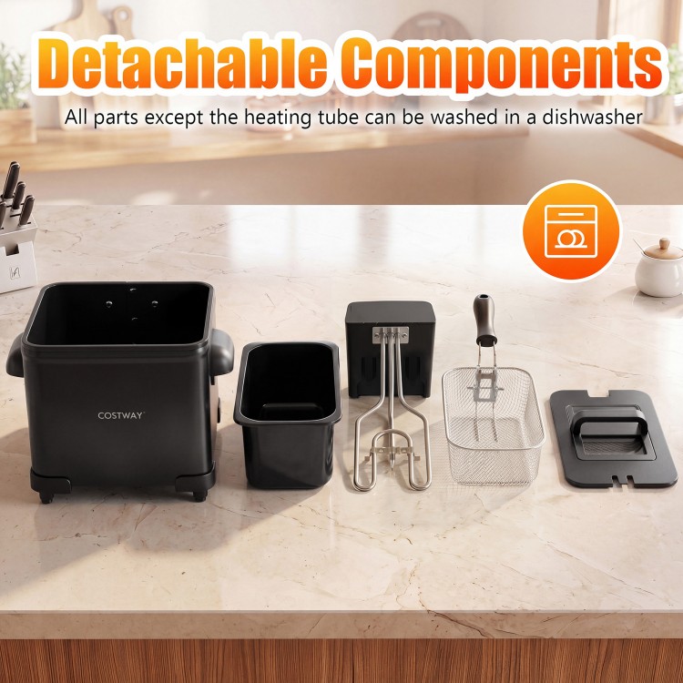 Detachable components of the 3.2-Qt Electric Deep Fryer, including baskets and containers, for easy dishwasher cleaning.