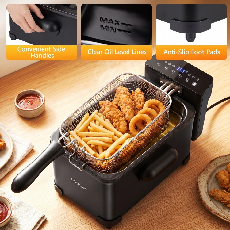 3.2-Qt electric deep fryer with LED touch screen, frying basket, and enamel oil tank for crispy food preparation.