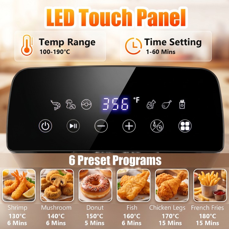 LED touch screen of the 3.2-Qt electric deep fryer displaying 6 presets and temperature settings for easy cooking.