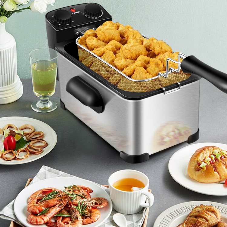 Electric stainless steel deep fryer with 3.2 qt capacity, frying crispy chicken and seafood, featuring adjustable.