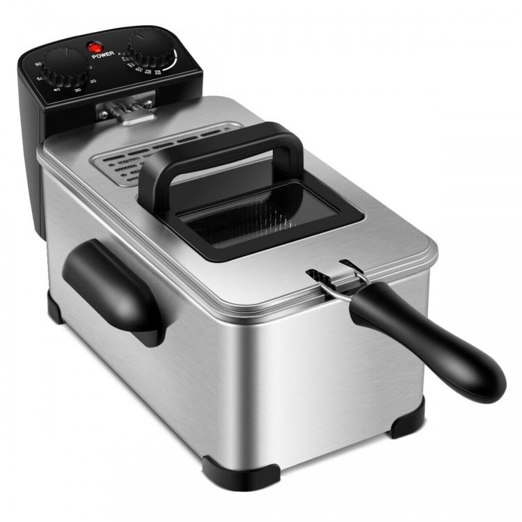 Electric stainless steel deep fryer with 3.2 qt capacity, adjustable temperature, and timer for crispy fried foods.
