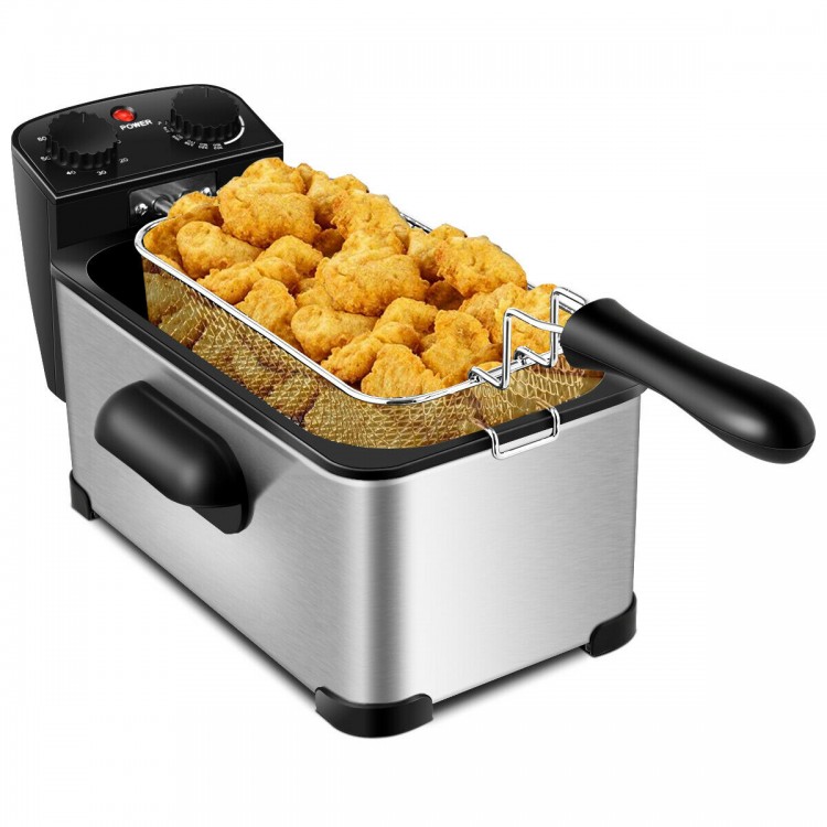 Electric stainless steel deep fryer with 3.2 qt capacity, 1700 W, and timer, perfect for frying chicken and fries.
