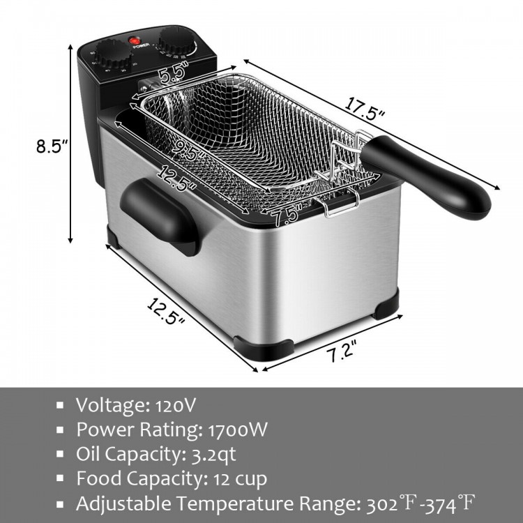 Electric stainless steel deep fryer with 3.2 qt capacity, adjustable temperature, and 60-minute timer for crispy food.