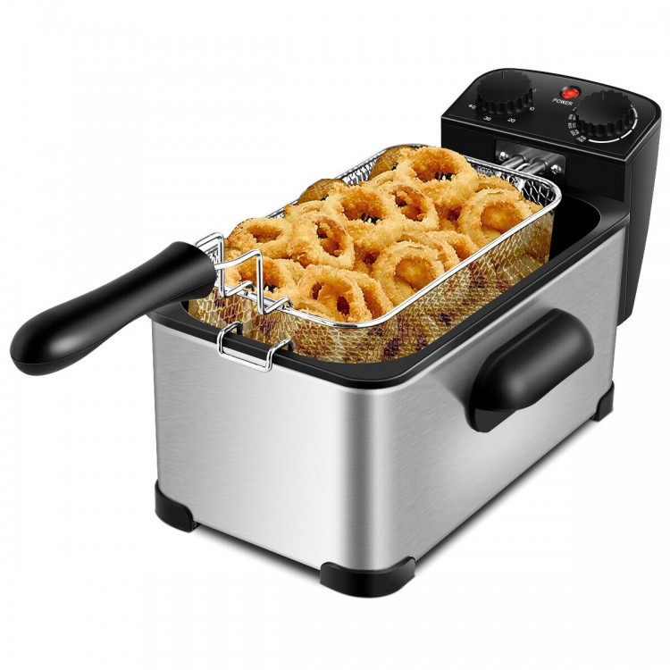 Electric stainless steel deep fryer with 3.2 qt capacity, timer, and adjustable temperature for crispy fried foods.
